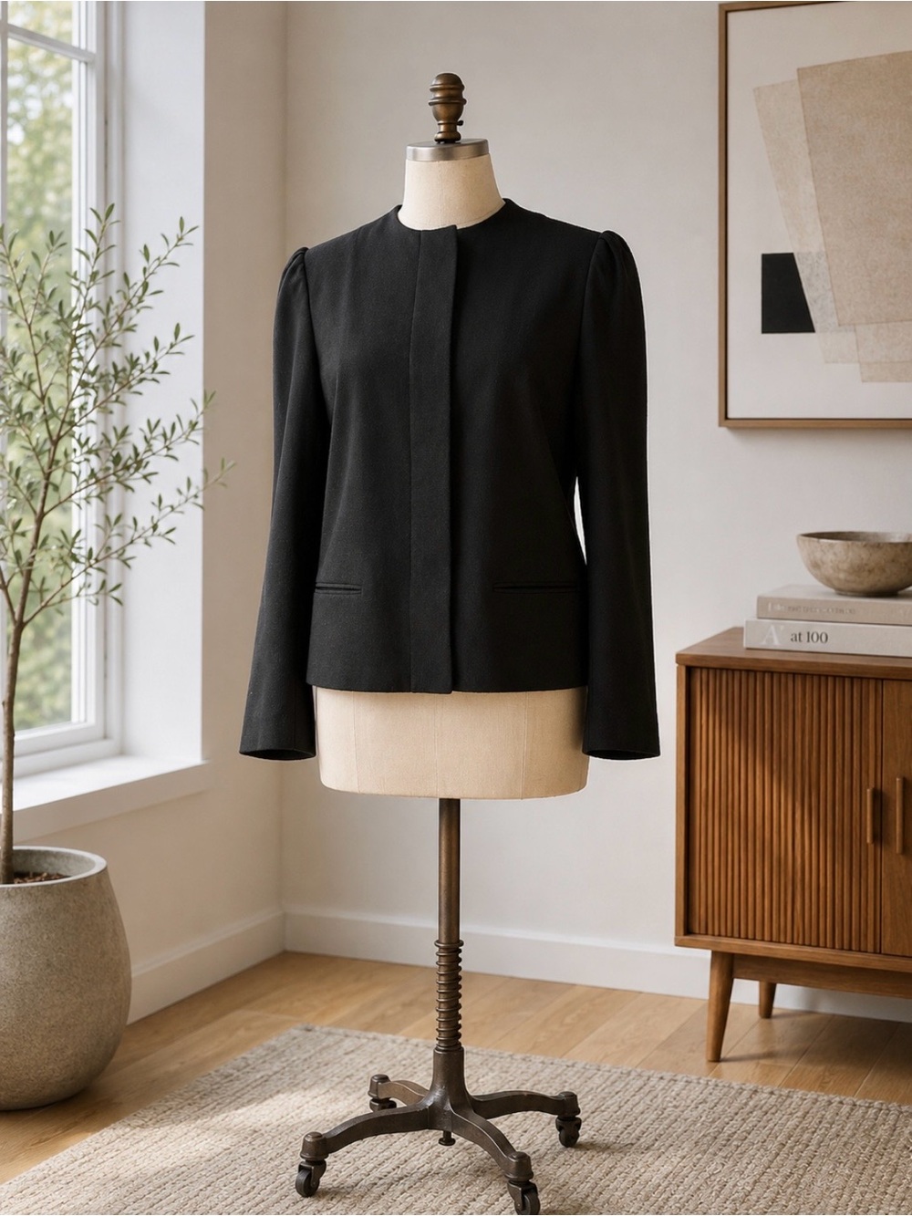JULES VINTAGE Black Collarless Classic Wool Blazer Jacket